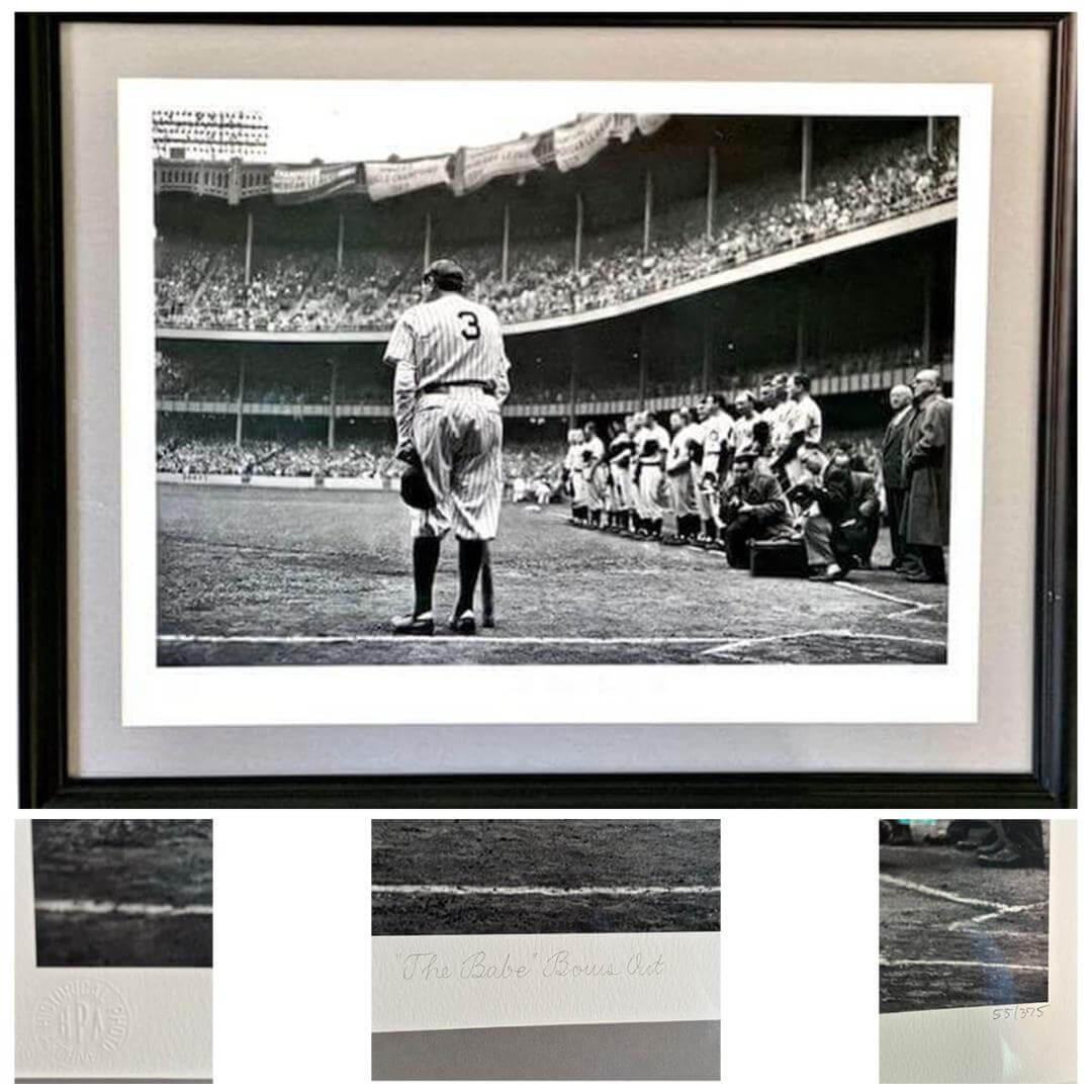 Babe Ruth Bows Out 1948 farewell ceremony photo by Nat Fein, Ruth standing with bat during number retirement at Yankee Stadium