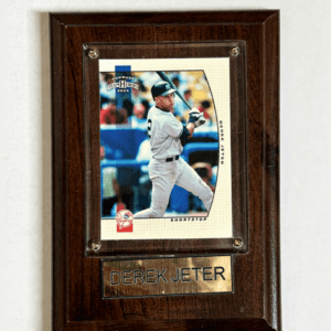 Social image of the Derek Jeter 2005 Donruss Team Heroes card mounted on a wooden plaque