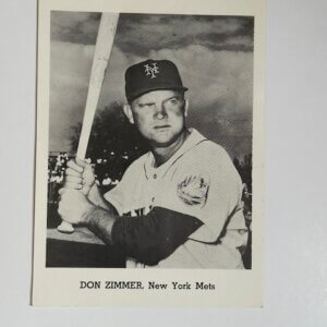 Don Zimmer holding a bat in a vintage New York Mets 5x7 photograph.