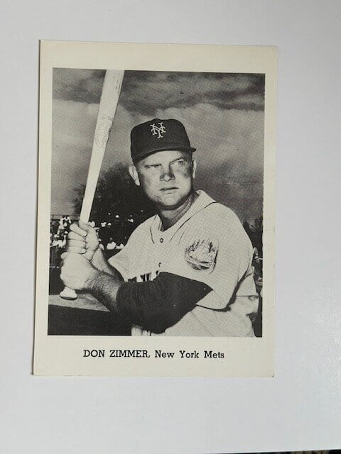 Don Zimmer holding a bat in a vintage New York Mets 5x7 photograph.