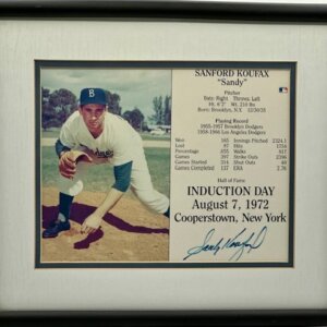 Autographed Sandy Koufax Hall of Fame induction plaque featuring his signature and JSA authentication.