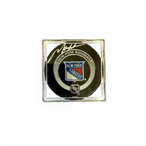 Mark Messier autographed New York Rangers NHL puck with Steiner COA in display case.