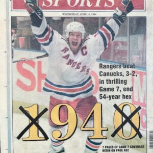 Back page of the Newsday Sports Final showing the Rangers’ Game 7 win over the Canucks in the 1994 Stanley Cup Finals.
