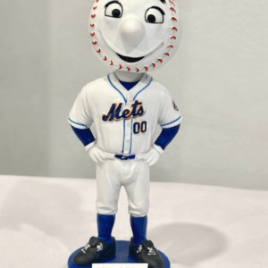 Mr. Met bobblehead figurine wearing a Mets uniform, standing on a blue base labeled Citi Field.