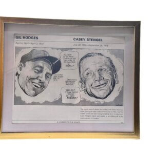 Bill Gallo cartoon print featuring Gil Hodges and Casey Stengel discussing the 1986 New York Mets World Series