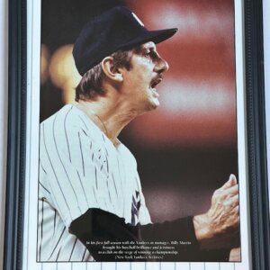 Framed Billy Martin photograph in New York Yankees uniform with matching pinstripe mat, showcasing legendary Yankees manager in his first full season