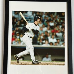 Don Mattingly color photograph in the batter’s box after swinging the bat, watching the baseball in flight as if he just hit a home run for the New York Yankees