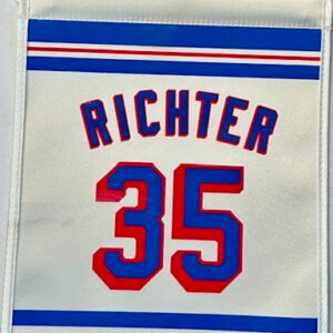 Mike Richter New York Rangers number 35 retired banner in MSG rafters style.