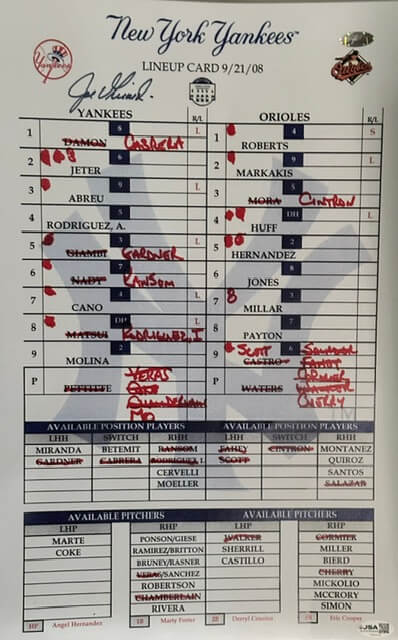 Joe Girardi signed Yankees lineup card from the final game at the original Yankee Stadium