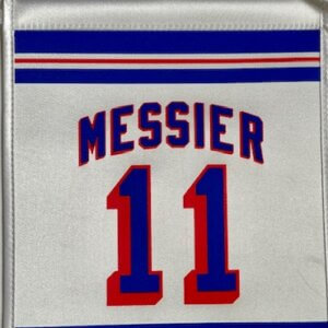 Mark Messier New York Rangers number 11 retired banner in blue, red, and white MSG style.