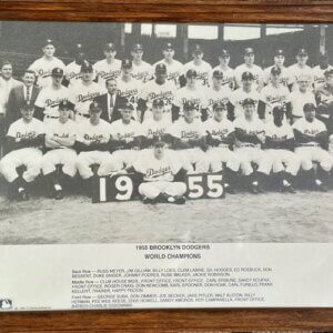 1955 Brooklyn Dodgers World Champions team photo in black and white with full roster names.