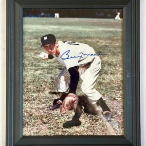 Autographed Billy Martin Yankees photo showing him fielding a ground ball and throwing to first in a color action shot