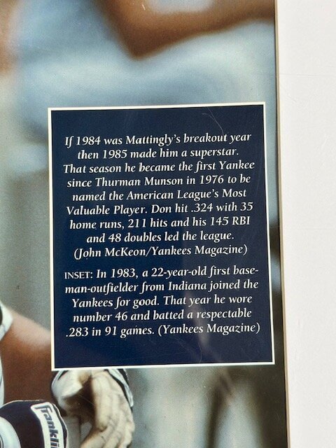 Close‑up of insert text describing Don Mattingly’s 1983 Yankees season wearing number 46.