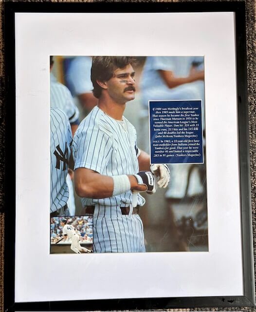 Framed 11.5x14.5 Don Mattingly Yankees photo with rare 1983 #46 inset image.