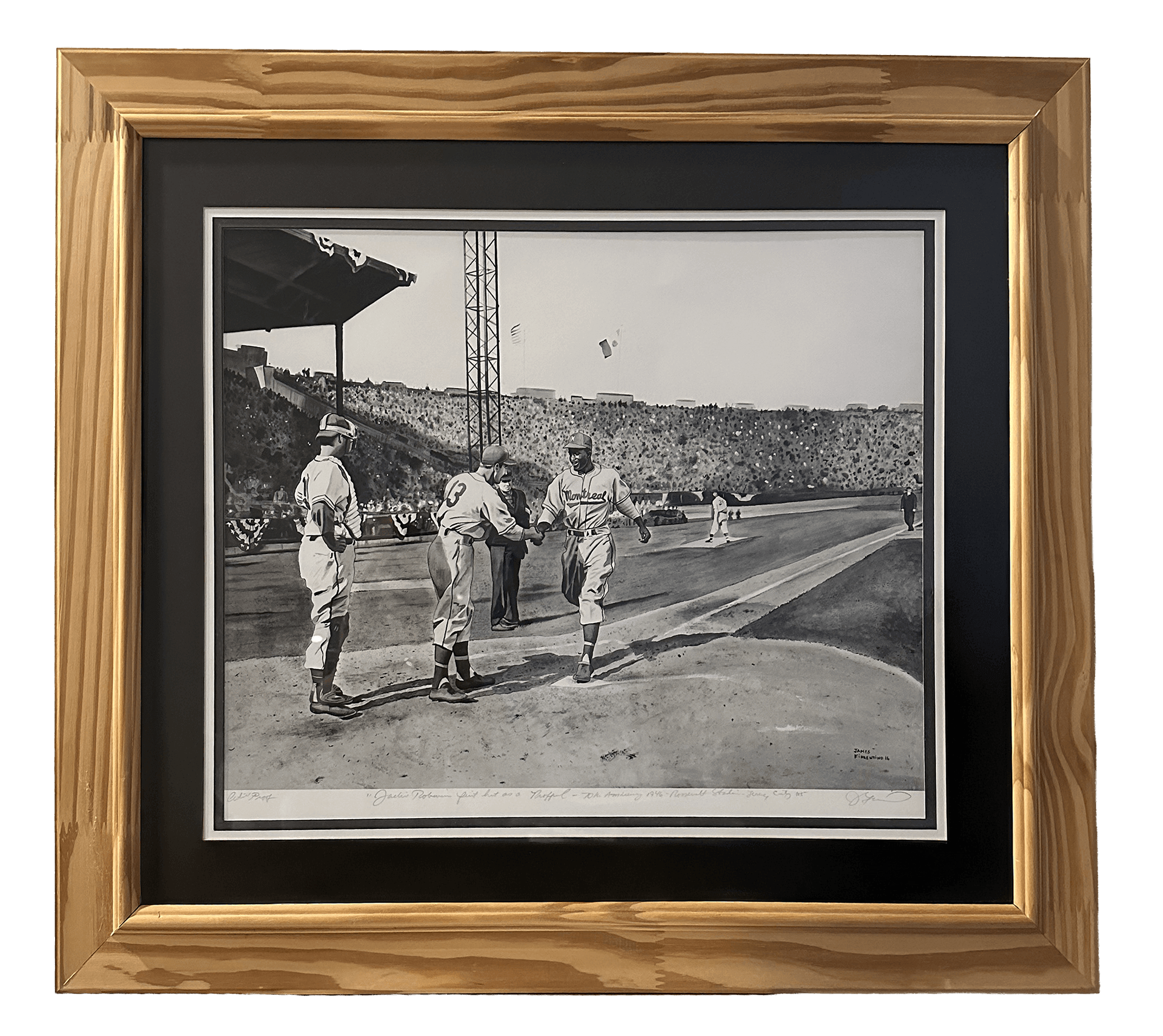 Jackie Robinson First Pro Hit – Fiorentino Artist Proof (Framed) pge Framed James Fiorentino Artist Proof giclée of Jackie Robinson’s first professional hit