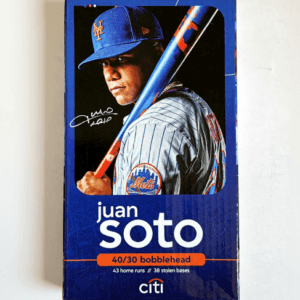 Juan Soto 40/30 bobblehead SGA featuring Soto with bat and 43 HR / 38 SB season text