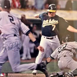 Derek Jeter delivering the iconic Flip Play in a signed Steiner-certified 16×20 photo, captured in full stride during the 2001 ALDS.