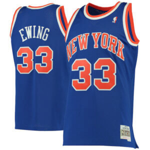 Patrick Ewing New York Knicks jersey displayed in detail with lettering for collectors and Knicks fans.