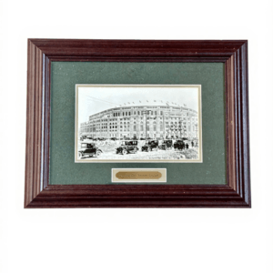 Framed 11.5 x 14.5 photo of the original Yankee Stadium with gold Opening Day plaque.