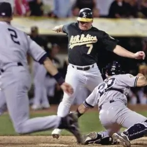 Derek Jeter delivering the famous Flip Play in the 2001 ALDS