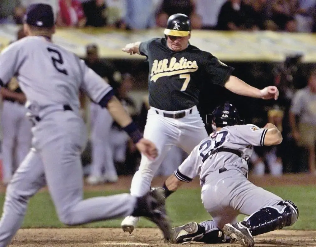 Derek Jeter delivering the famous Flip Play in the 2001 ALDS