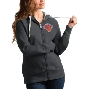 Social image of the Women’s New York Knicks Antigua Charcoal Victory Full‑Zip Hoodie with embroidered logo