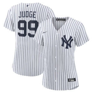 Women’s Aaron Judge Yankees Nike Home Replica Jersey in white pinstripes with number 99.
