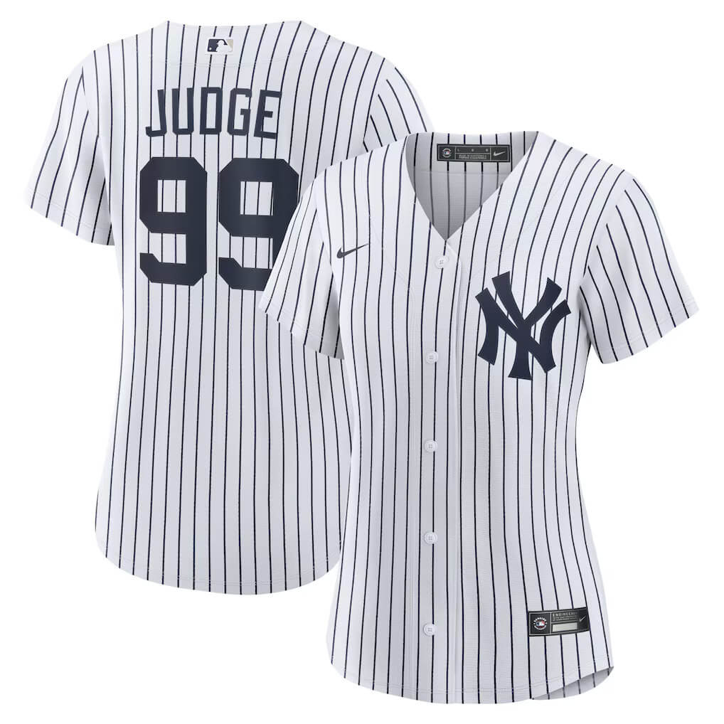 Women’s Aaron Judge Yankees Nike Home Replica Jersey in white pinstripes with number 99.